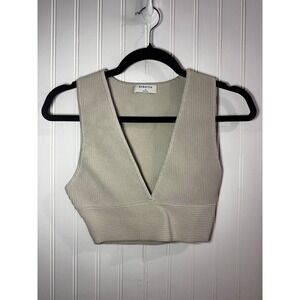 Babaton Sculpt Knit Tank Top Beige High Neck Ribbed Crop Top Small Womens